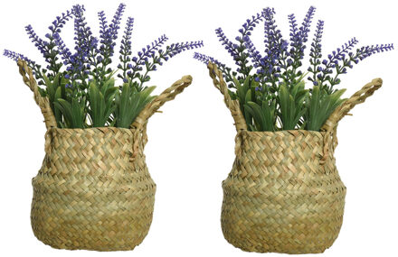 Everlands Lavendel kunstplant in rieten mand - 2x - lila paars - D16 x H27 cm