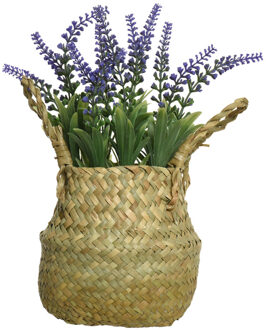 Everlands Lavendel kunstplant in rieten mand - lila paars - D16 x H27 cm - Kunstplanten