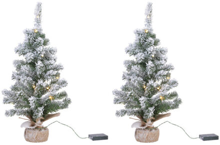 Everlands mini kerstboom - 2x stuks - 45 cm - met sneeuw en kerstverlichting - kunstboom