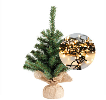 Everlands Mini kerstboom 35 cm - met kerstverlichting warm wit 300 cm - 40 leds