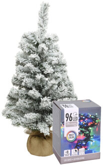 Everlands Mini kerstboom - 60 cm - met sneeuw en kerstverlichting gekleurd - Kunstkerstboom Multikleur