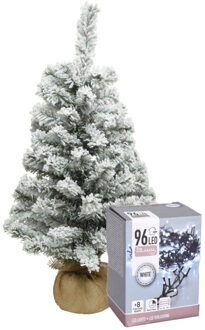 Everlands Mini kerstboom - 60 cm - met sneeuw en kerstverlichting helder wit - Kunstkerstboom