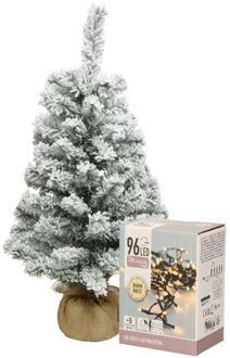 Everlands Mini kerstboom - 60 cm - met sneeuw en kerstverlichting warm wit - Kunstkerstboom