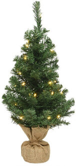 Everlands Mini kerstboom - groen - 45 cm - in jute zak - met kerstverlichting - kunstboompje