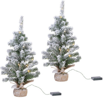 Everlands verlichte mini kerstboom - 2x stuks - groen/wit - 90cm - met nepsneeuw - in jute zak