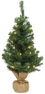 Everlands Volle mini kerstbomen groen in jute zak met verlichting 75 cm