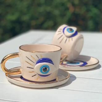 Evil eye beaded Cup and saucer gold gilded Turkish coffee creative mugs white ceramic tea stylish new style cute lovely handmade