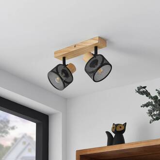Evinora plafondspot van hout, 2-lamps zwart, licht hout
