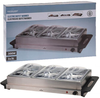 Excellent Electrics Elektrische buffetwarmer - 2 in 1 - RVS - 3 schalen - 300W - warmhoudplaat