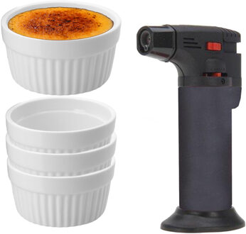 Excellent Houseware 11-Delige creme brulee set met witte schaaltjes en een grijze brander - Serveerschalen