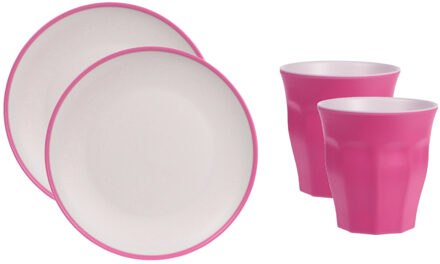 Excellent Houseware 12-delige serviesset onbreekbare kunststof/melamine roze ontbijt bordjes/bekers - Campingborden