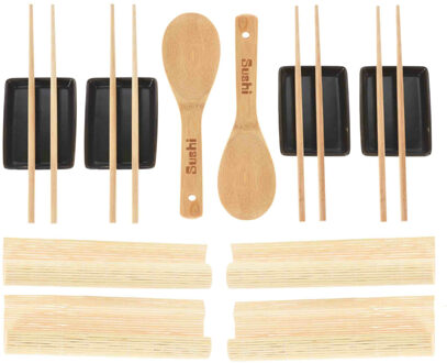 Excellent Houseware 14-delige sushi serveer set voor 4 personen - keramiek - zwart - Bordjes