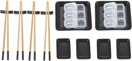 Excellent Houseware 16-delige sushi serveer set voor 4 personen - keramiek - zwart - Bordjes