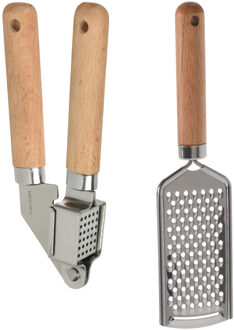 Excellent Houseware 2-delige keukengerei set - knoflookpers 16 cm/handrasp 22 cm - Knoflookpersen Zilverkleurig