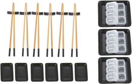 Excellent Houseware 24-delige sushi serveer set voor 6 personen - keramiek - zwart - Bordjes