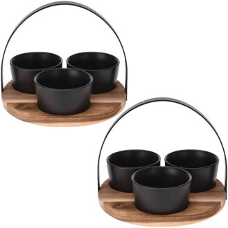 Excellent Houseware 2x Ronde serveerplank met 3 schaaltjes - acaciahout - aardewerk - 22 cm - Serveerplanken Multikleur