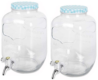 Excellent Houseware 2x stuks glazen drankdispensers/limonadetap met blauw/wit geblokte dop 4 liter - Drankdispensers
