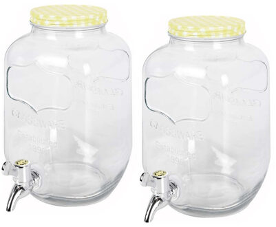 Excellent Houseware 2x stuks glazen drankdispensers/limonadetap met geel/wit geblokte dop 4 liter - Drankdispensers