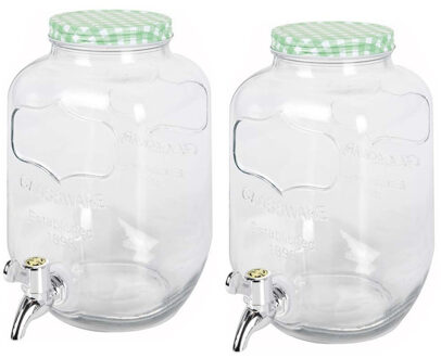 Excellent Houseware 2x stuks glazen drankdispensers/limonadetap met groen/wit geblokte dop 4 liter