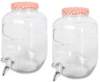 Excellent Houseware 2x stuks glazen drankdispensers/limonadetap met rood/wit geblokte dop 4 liter