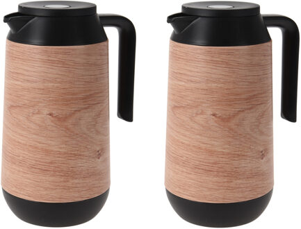 Excellent Houseware 2x stuks koffie/thee thermoskannen houtlook 1000 ml - Thermoskannen Bruin