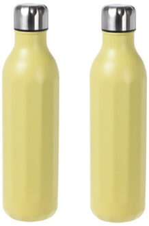 Excellent Houseware 2x stuks RVS thermosflessen / isoleerflessen voor onderweg 500 ml pastel geel - Thermosflessen