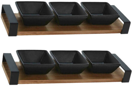 Excellent Houseware 2x stuks serveerplank acacia hout met 3 hapjes/saus/tapas schaaltjes 32 x 10 cm - Serveerplanken Multikleur