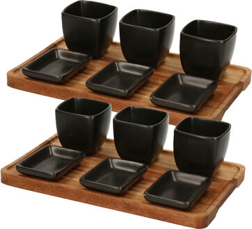 Excellent Houseware 2x stuks serveerplank acacia hout met 6 hapjes/saus/tapas schaaltjes 25 x 16 cm - Serveerplanken Multikleur