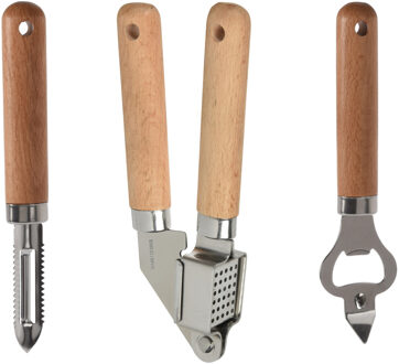 Excellent Houseware 3-delige keukengerei set - Opener/knoflookpers/schilmes - Knoflookpersen Zilverkleurig