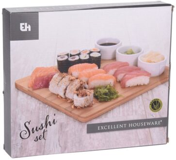 Excellent Houseware 4-delige sushi serveer set met 3 porseleinen kommetjes 28 x 24 cm - Bordjes Bruin