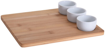 Excellent Houseware 4-delige sushi serveer set - met bamboe houten serveerplank - en 3 porseleinen kommetjes - 28 x 24cm