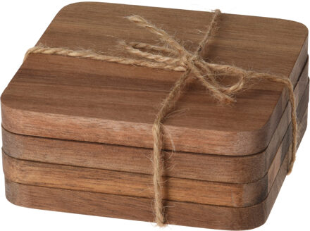 Excellent Houseware 4x Vierkante acacia houten glazen onderzetters 10 cm - Glazenonderzetters Bruin