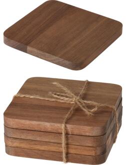 Excellent Houseware 4x Vierkante acacia houten glazen onderzetters 10 cm - Glazenonderzetters Bruin