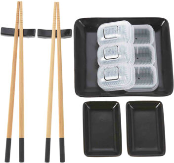 Excellent Houseware 8-delige sushi serveer set voor 2 personen - keramiek - zwart - Bordjes