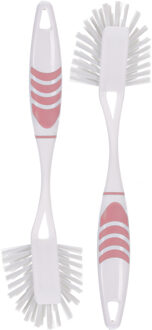 Excellent Houseware Afwasborstel met ophang lus - 2x stuks - roze - 29 cm