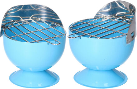 Excellent Houseware Asbak - Set van 2x stuks - in BBQ vorm - metaal - 12 cm - blauw - voor binnen /