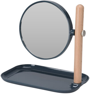 Excellent Houseware Badkamerspiegel / make-up spiegel rond dubbelzijdig navy blauw met opbergbakje L22 x B14 x H23