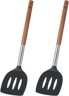 Excellent Houseware Bakspatel/bakspaan - 2x - zwart kunststof/acacia hout - 34 cm