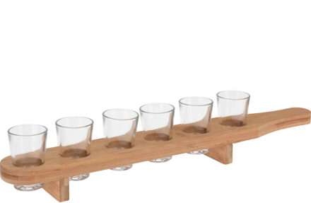 Excellent Houseware Bamboe shotglaasjes houder met 6 glazen - 45 cm - Shotglazen Transparant