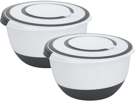 Excellent Houseware Beslagkom/mengkom/roerkom - 2x - met deksel - kunststof - wit/antraciet - 5 liter