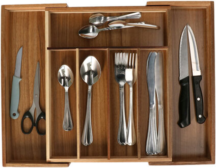 Excellent Houseware Bestekbak uitschuifbaar - acacia hout - 34 x 28-45 cm - 6-vaks