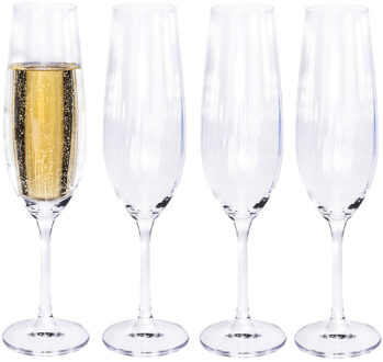 Excellent Houseware Champagneglazen - 4x stuks - kristal - streep dessin - 260 ml - H25 cm
