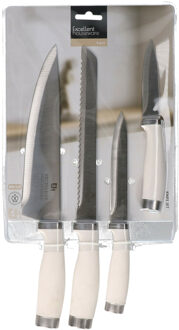 Excellent Houseware chef keuken messen set 4 delig - rvs metaal/kunststof - handvat creme wit