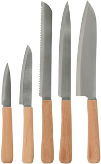 Excellent Houseware chef keuken messen set 5 delig - Staal/Hout - Messenset Bruin