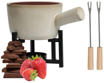 Excellent Houseware Chocoladefondue setje met houder - porselein - beige/zwart - incl. 2 vorken
