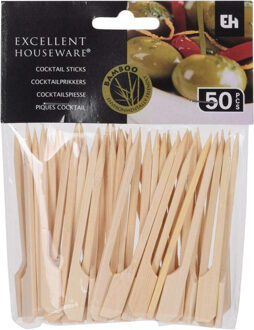 Excellent Houseware Cocktail/tapas prikkers - 50x stuks - 9 cm - bamboe Beige