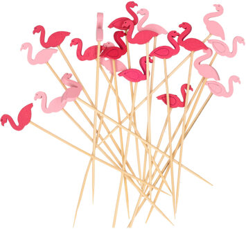 Excellent Houseware Cocktail/tapas prikkers - flamingos - 20x stuks - bamboo - 12 cm Roze