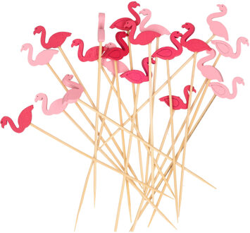 Excellent Houseware Cocktail/tapas prikkers - flamingos - 20x stuks - bamboo - 12 cm