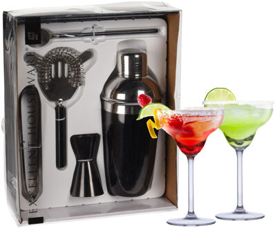 Excellent Houseware cocktails maken set 5-delig met 4x Margarita glazen - Cocktailshakers Zwart