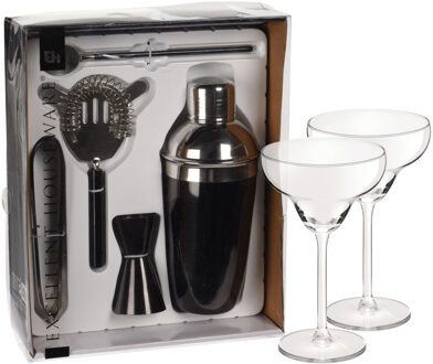 Excellent Houseware cocktails maken set 5-delig met 4x Margarita glazen - Cocktailshakers Zwart